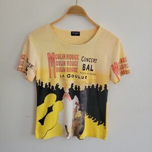 Vintage Breeke Moulin Rouge Graphic T Shirt Large Yellow Scoop Neck 90s Artsy